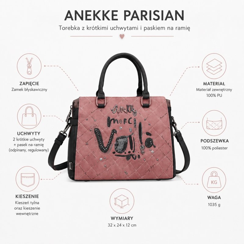 ANEKKE PARISIAN TOREBKA DAMSKA Z KRÓTKIMI UCHWYTAMI I PASKIEM NA RAMIĘ