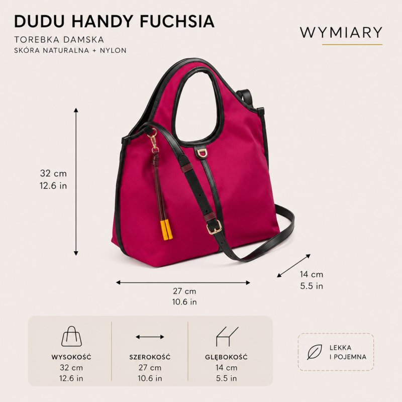 TOREBKA DAMSKA SKÓRA NYLON DUDU HANDY Fuchsia DO RĘKI