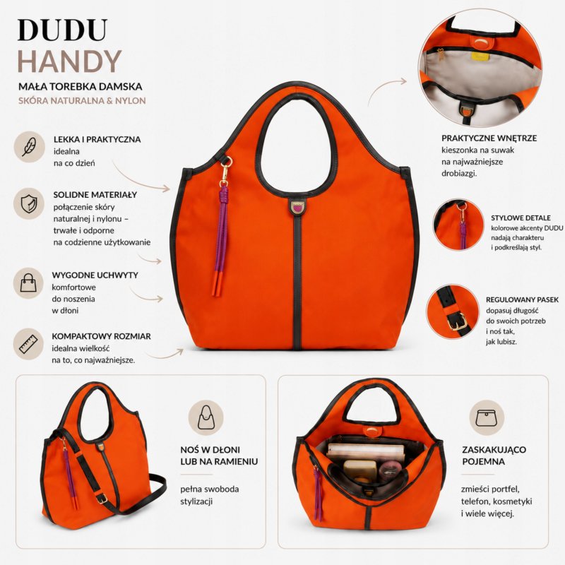 TOREBKA DAMSKA SKÓRA NYLON DUDU HANDY ORANGE DO RĘKI