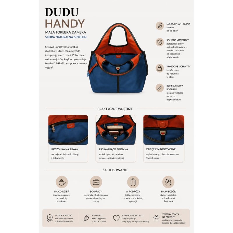 TOREBKA DAMSKA SKÓRA NYLON DUDU HANDY BLUE DO RĘKI