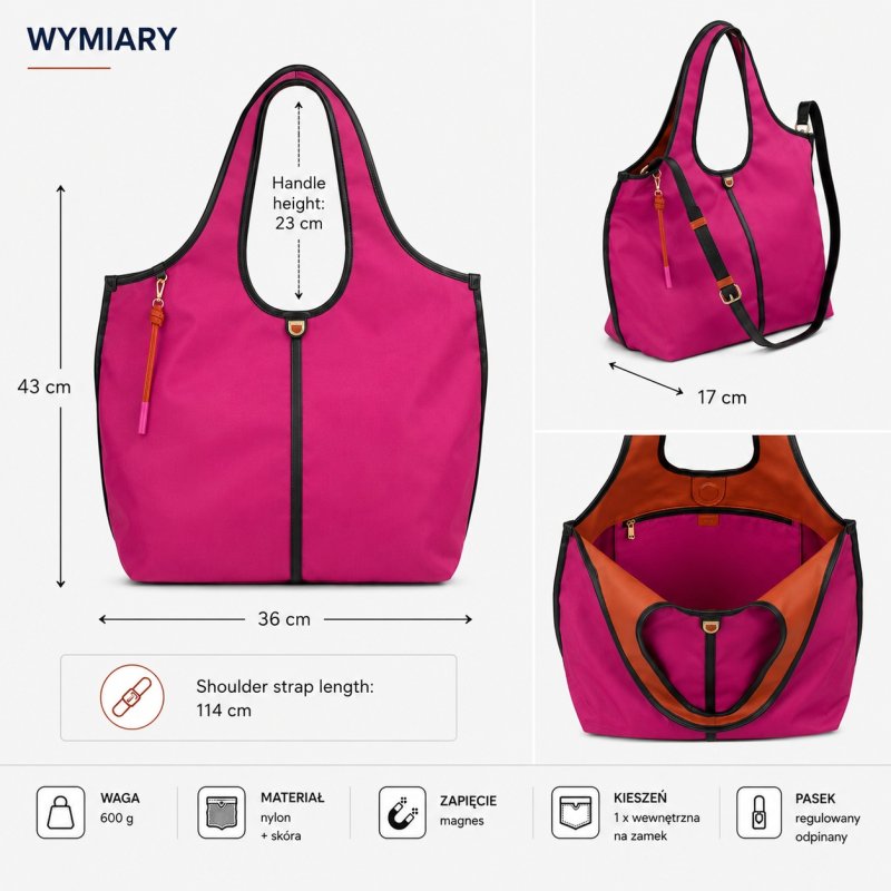 TOREBKA DAMSKA SKÓRZANA SHOPPER PREMIUM DUŻA DUDU SALLY FUCHSIA