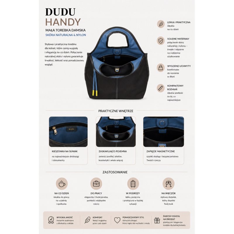 TOREBKA DAMSKA SKÓRA NYLON DUDU HANDY BLACK DO RĘKI I NA RAMIĘ